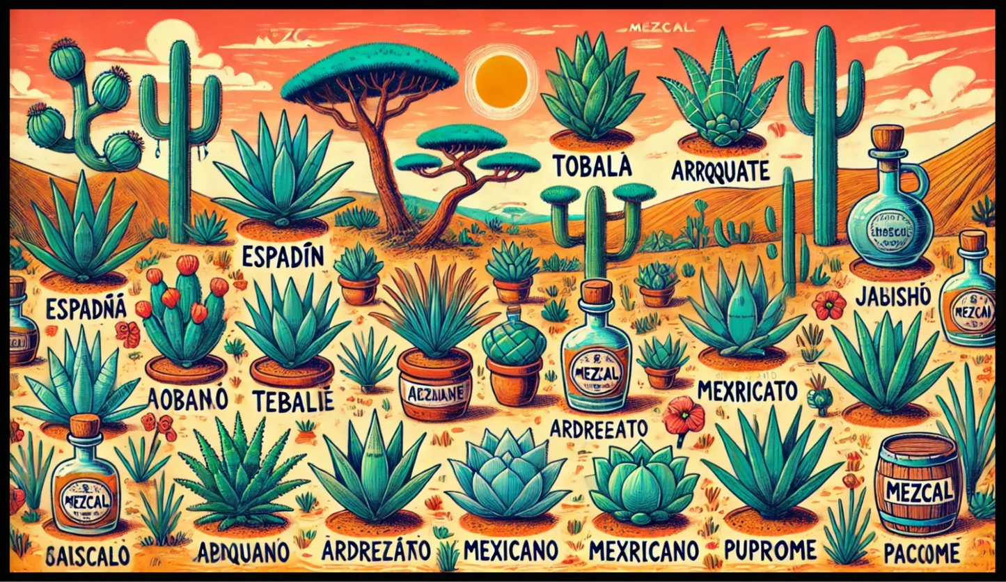 Illustration of agave varieties used for mezcal, with labels such as espadín, tobalá and arroqueño, against a desert landscape at sunset.